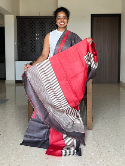 Brown and Red Tussar Silk Saree with Prints
