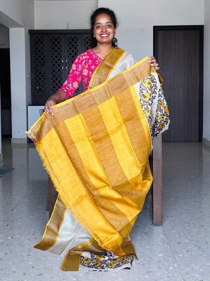 Cream and Yellow Tussar Silk Saree with Prints