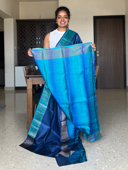 Blue Tussar Silk Saree with Prints
