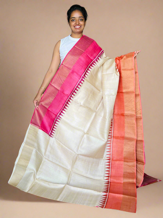 Cream, Orange and Pink Tussar Silk Saree with Prints