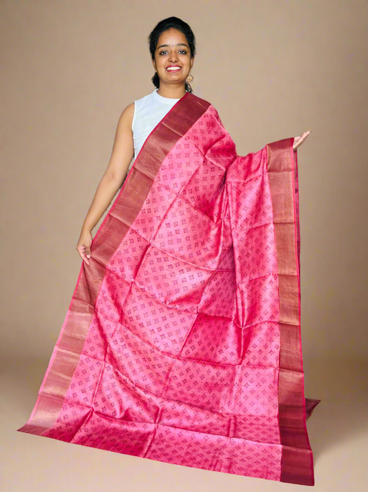 Pink and Red Tussar Silk Saree with Prints