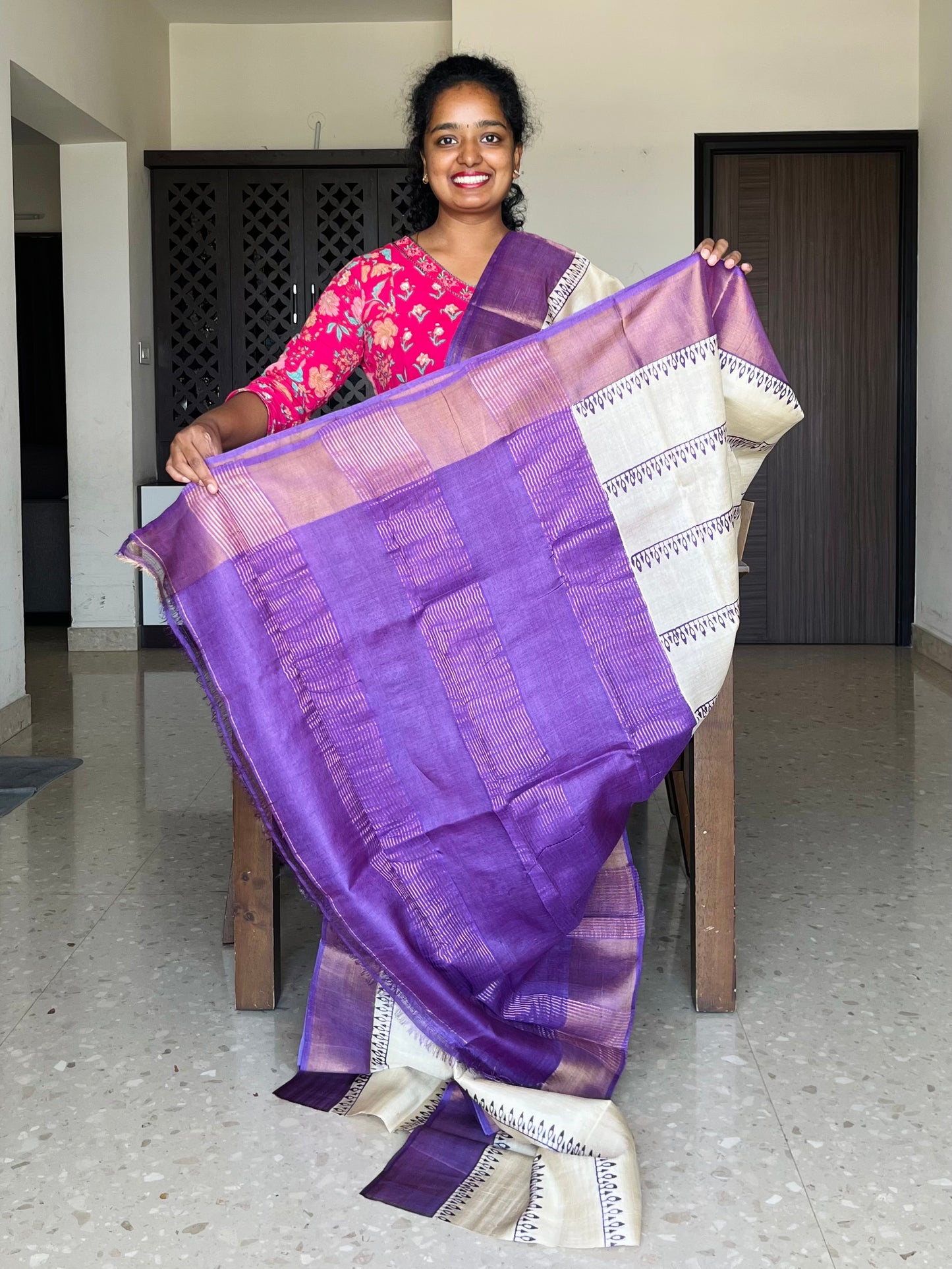 Cream and Violet Tussar Silk Saree with Prints