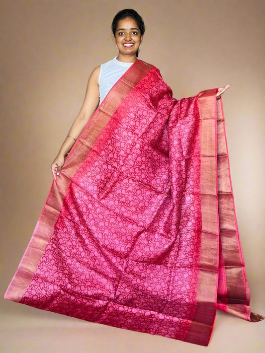 Pink and Red Tussar Silk Saree with Prints