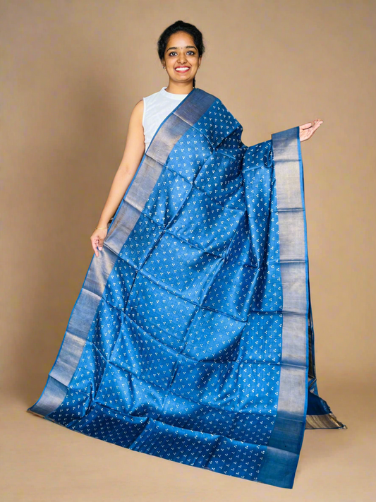 Royal Blue Tussar Silk Saree with Prints