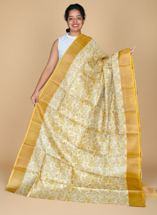 Yellow Tussar Silk Saree with Prints