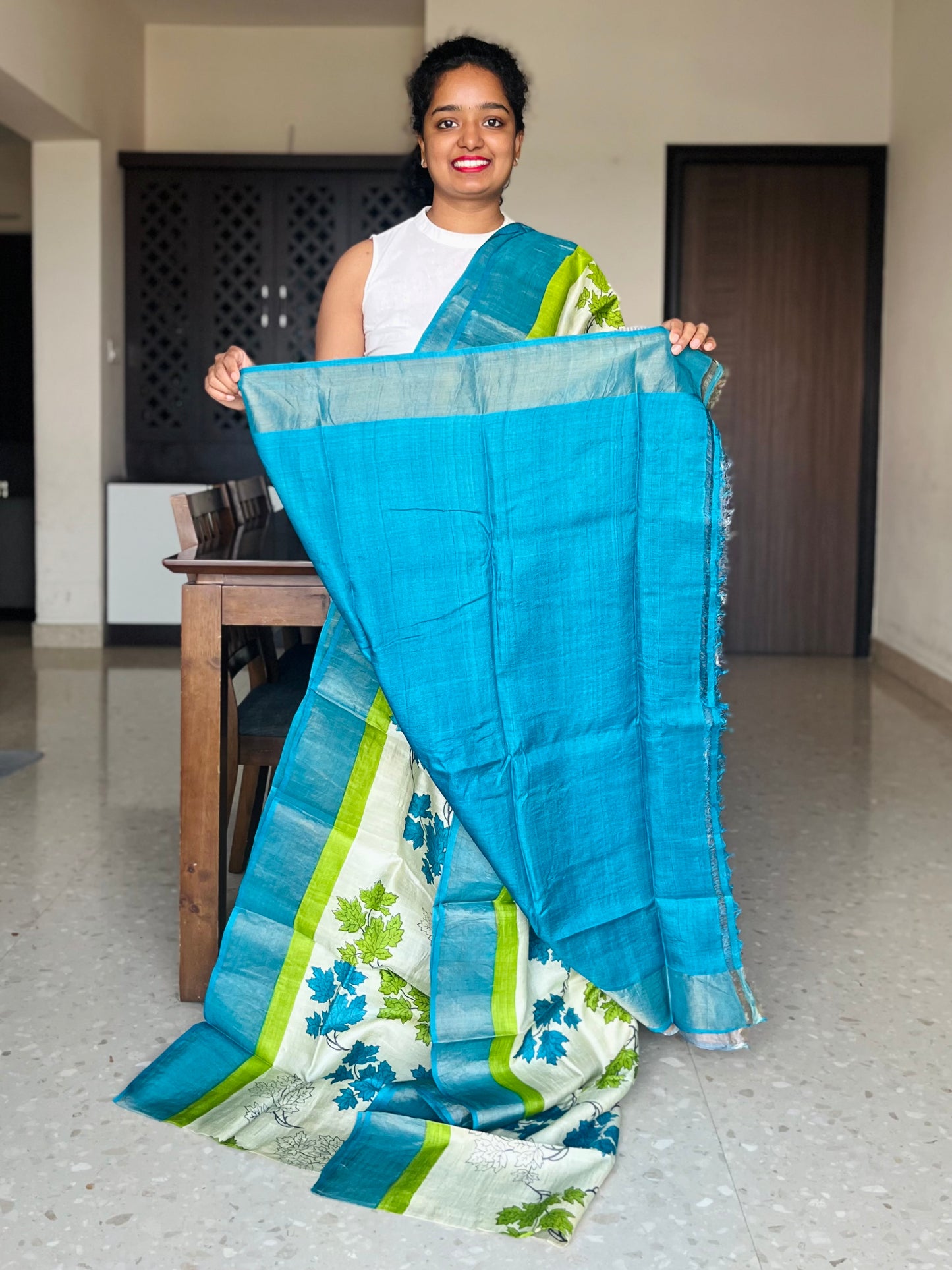 Cream, Blue and Green Tussar Silk Saree with Prints