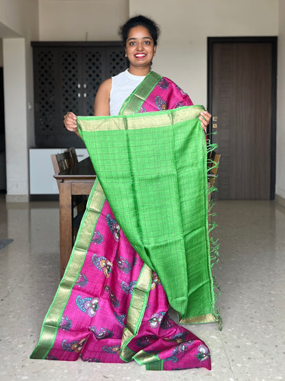 Magenta and Green Tussar Silk Saree with Prints