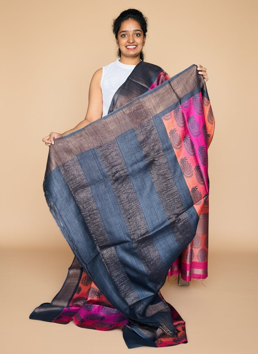 Multicolour Tussar Silk Saree with Prints