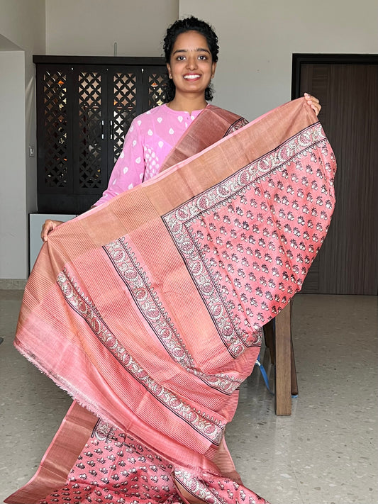 Baby Pink Tussar Silk Saree with Prints