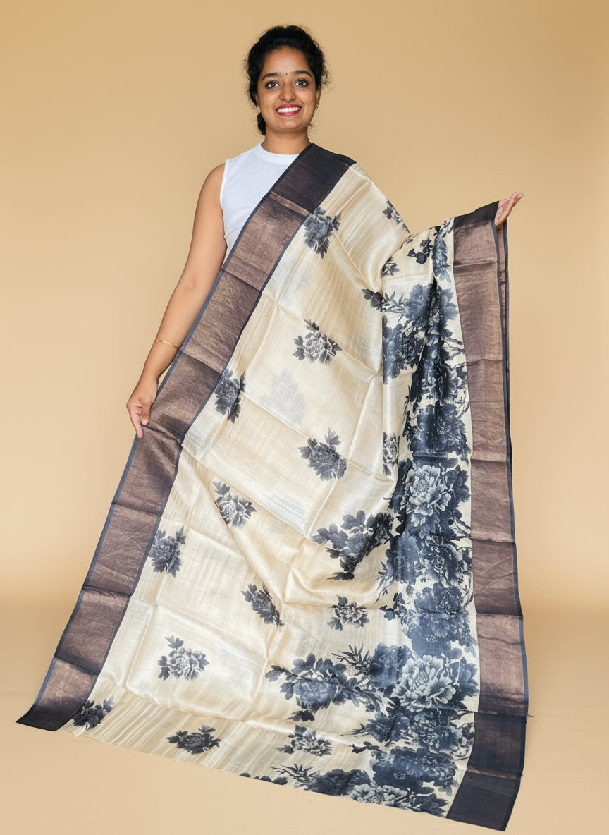 Cream and Black Tussar Silk Saree with Prints