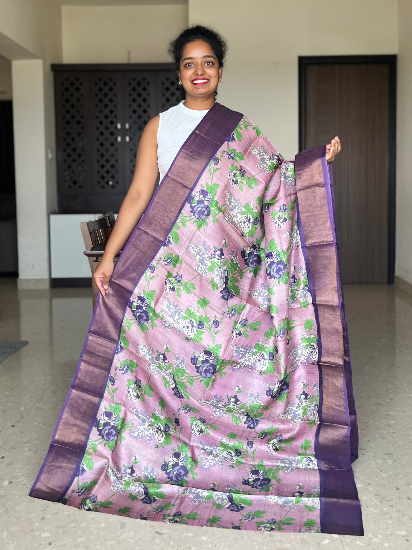 Lilac Tussar Silk Saree with Prints