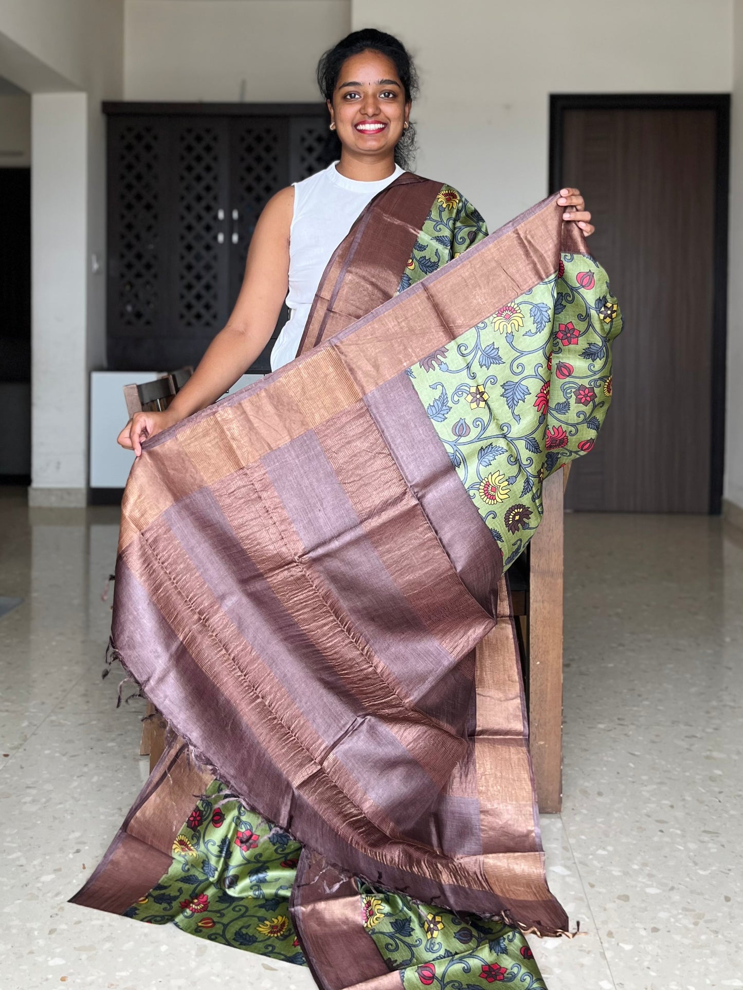 Green and Brown Tussar Silk Saree with Prints