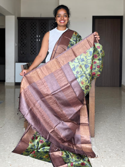 Green and Brown Tussar Silk Saree with Prints