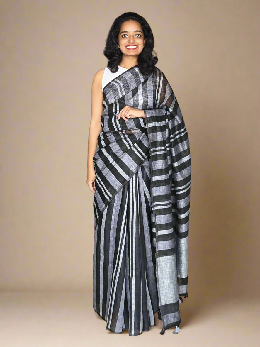 Black and Grey Linen Saree with Woven Stripes