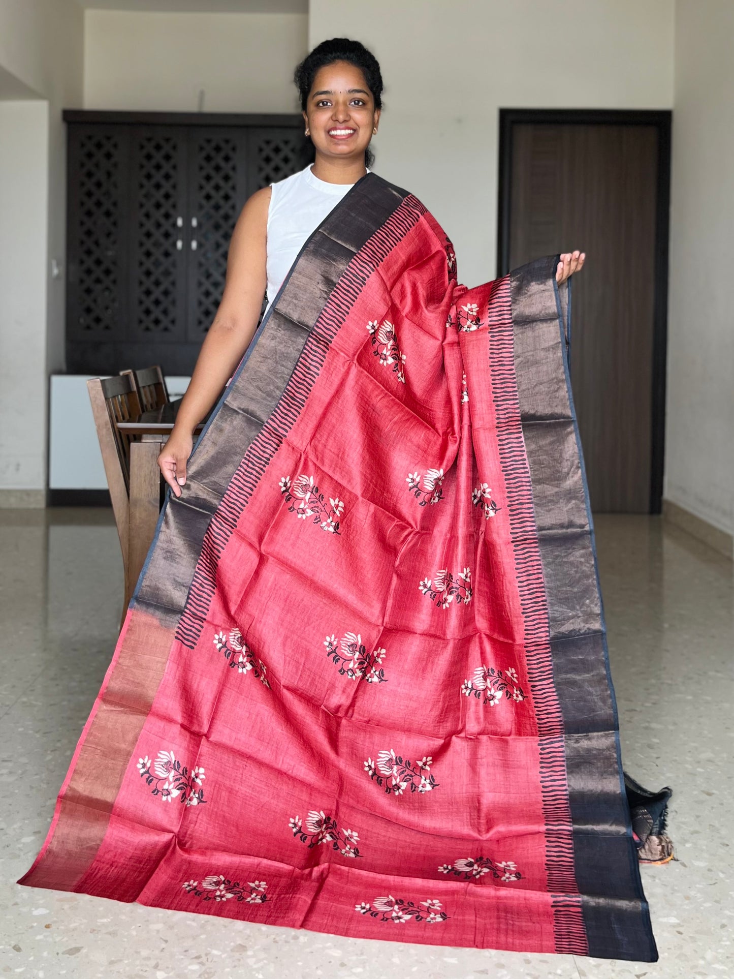 Red Tussar Silk Saree with Prints