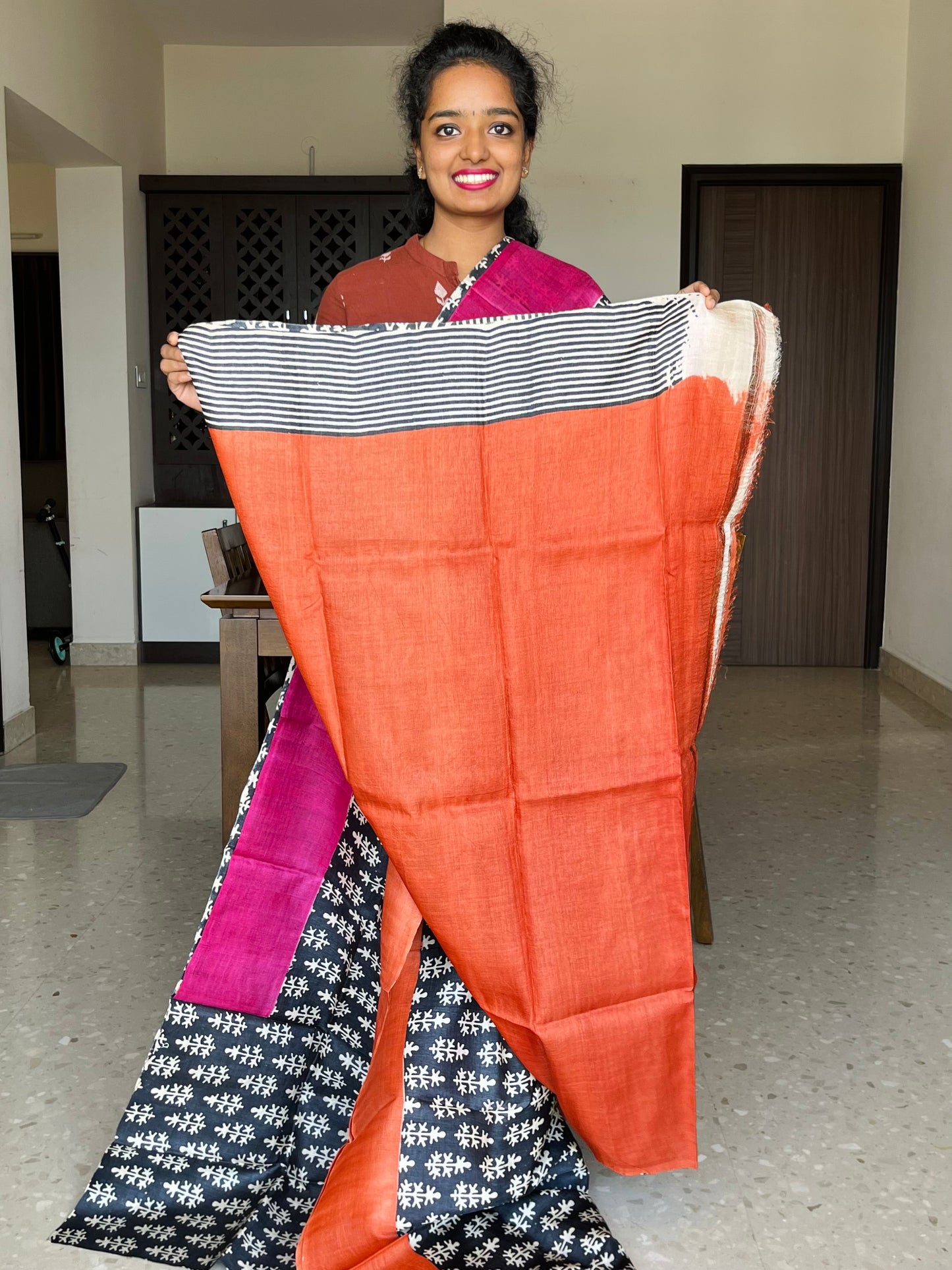 Black, Pink and Orange Tussar Silk Saree with Prints