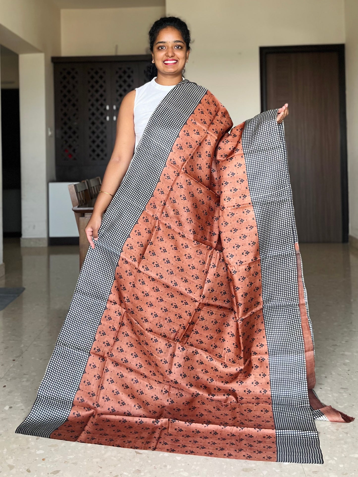 Brown Tussar Silk Saree with Prints