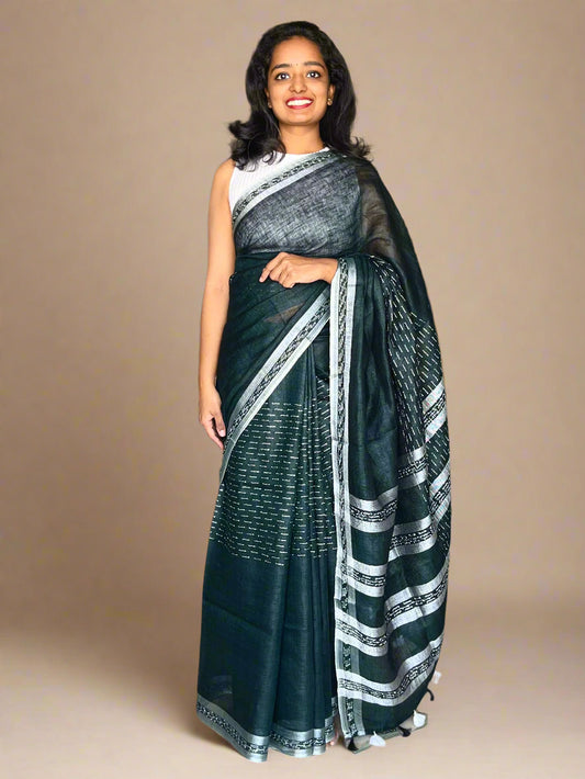 Dark Green Linen Saree with Kantha Weaves