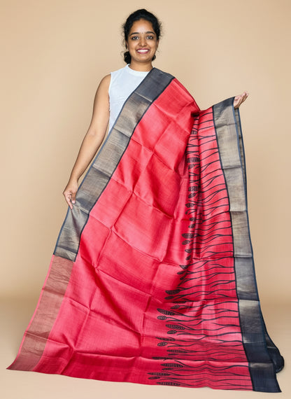 Red and Black Tussar Silk Saree with Prints