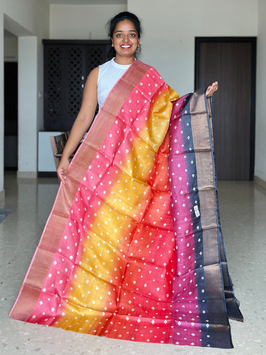 Yellow, Orange and Red Tussar Silk Saree with Prints