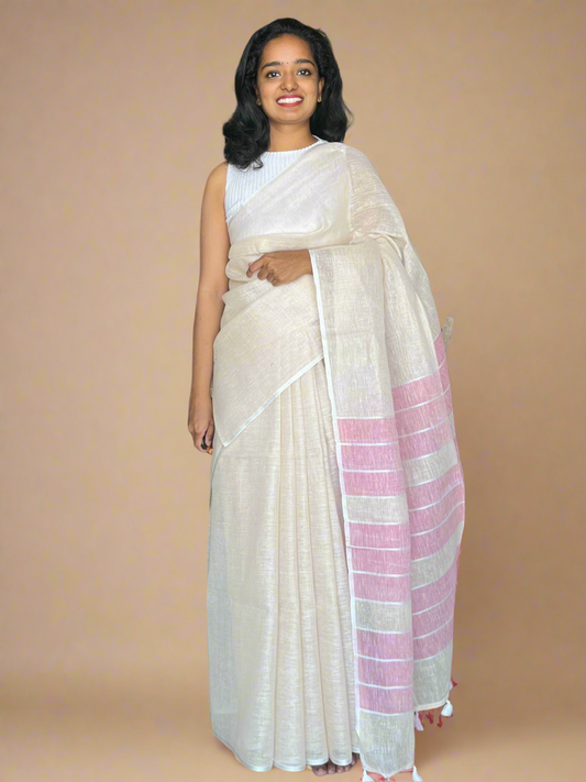 Cream and Pink Linen Saree