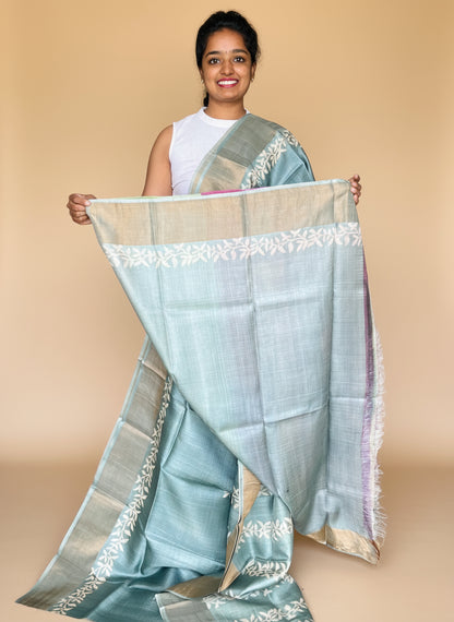 Grey Tussar Silk Saree with Prints