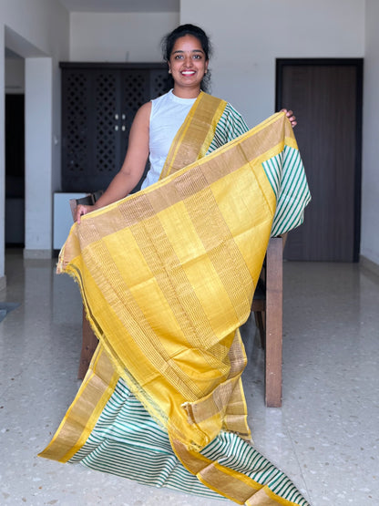 Green and Yellow Tussar Silk Saree with Prints