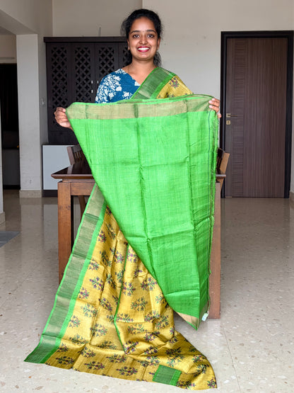Green Tussar Silk Saree with Prints