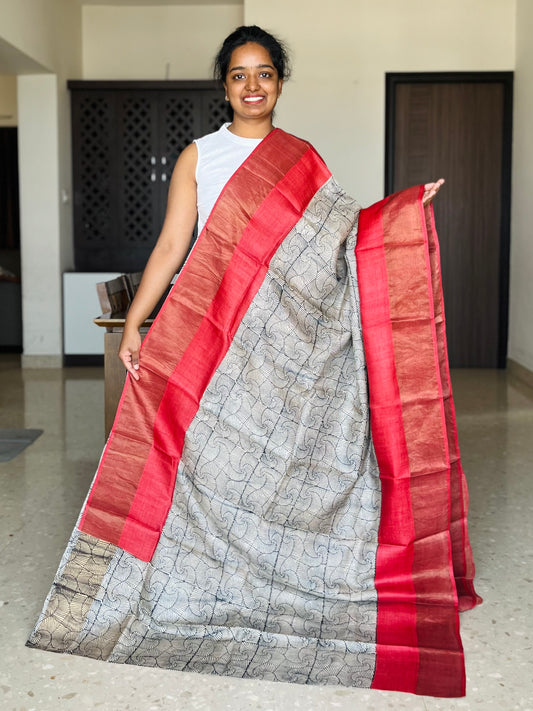 Black and Red Tussar Silk Saree with Prints