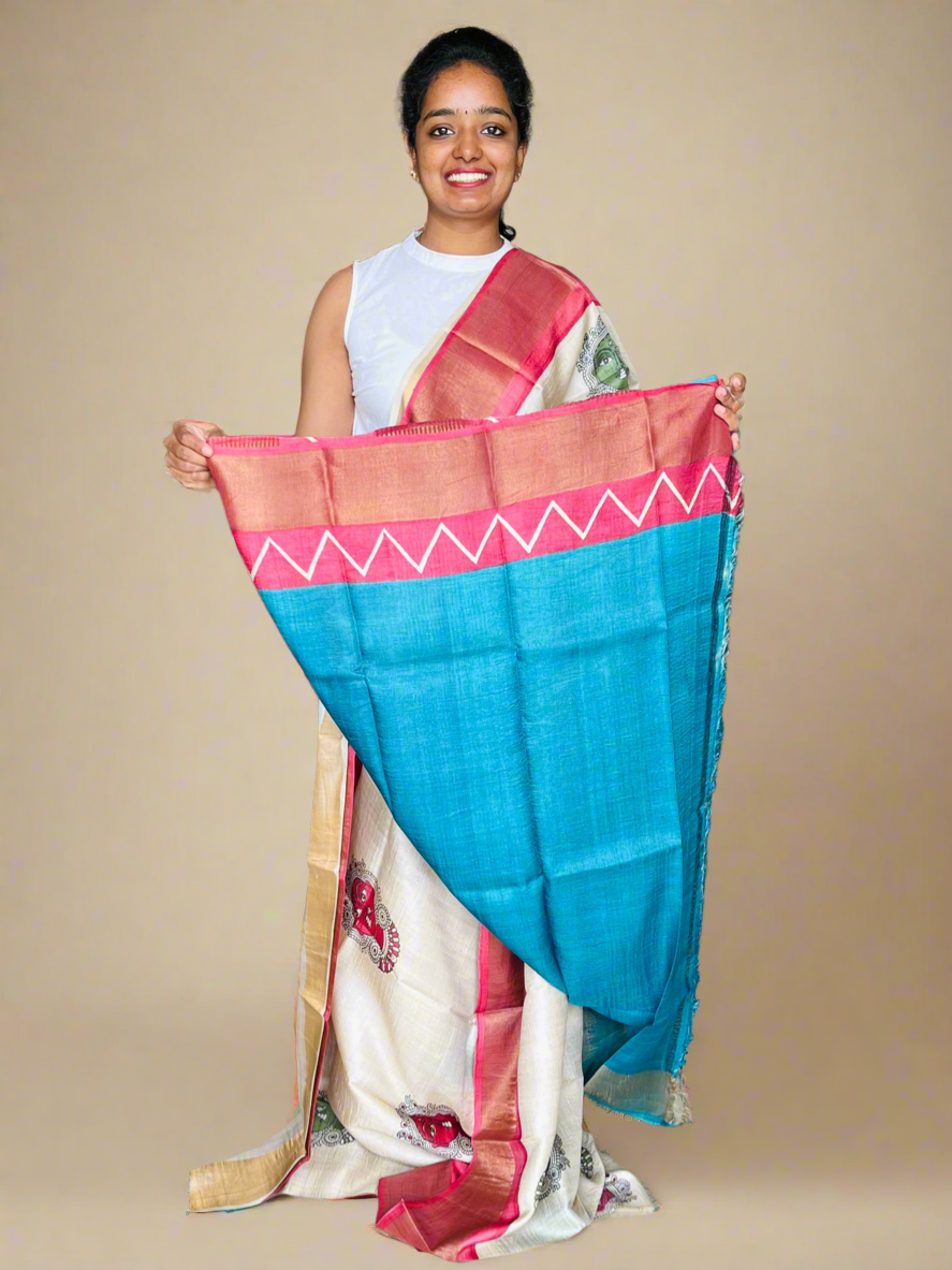 Cream and Red Tussar Silk Saree with Prints