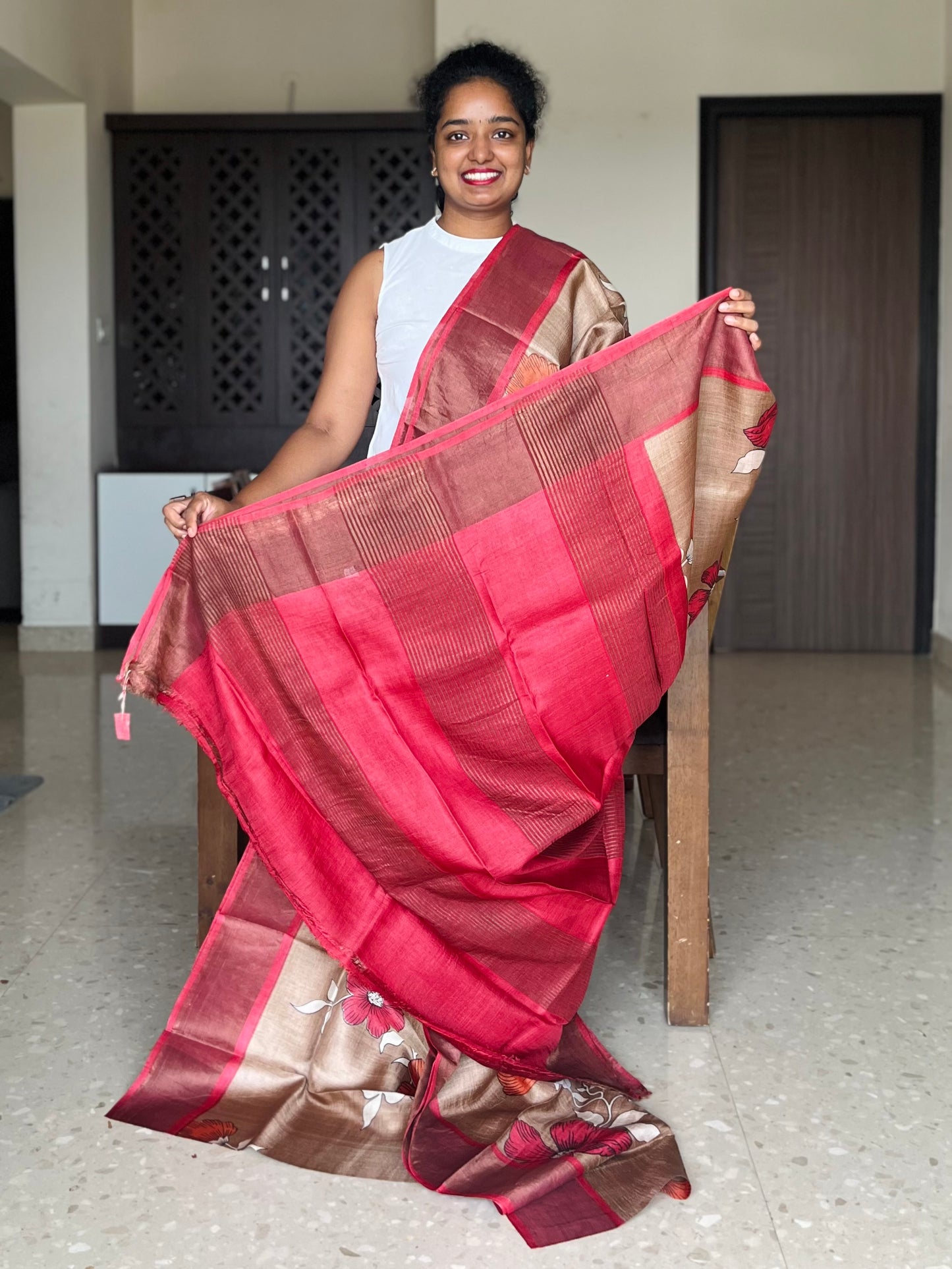Chickoo Brown Tussar Silk Saree with Prints