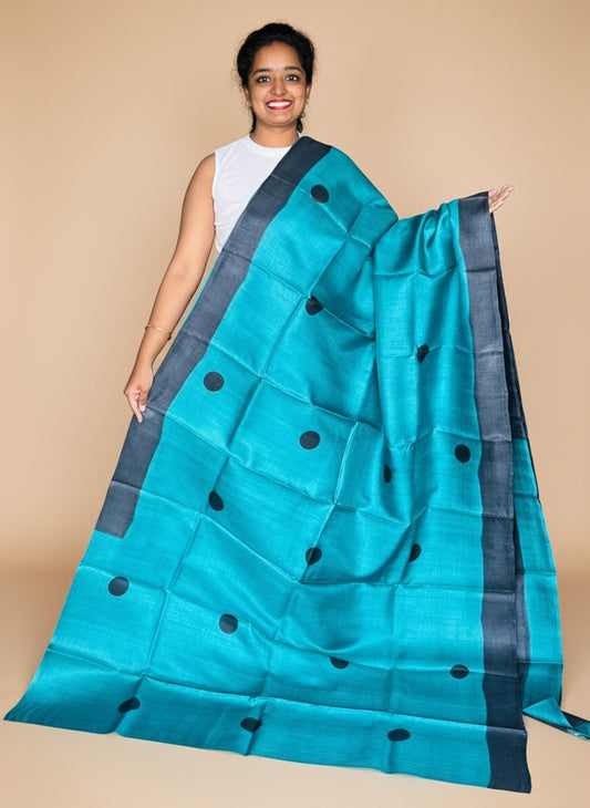 Blue and Black Tussar Silk Saree with Prints