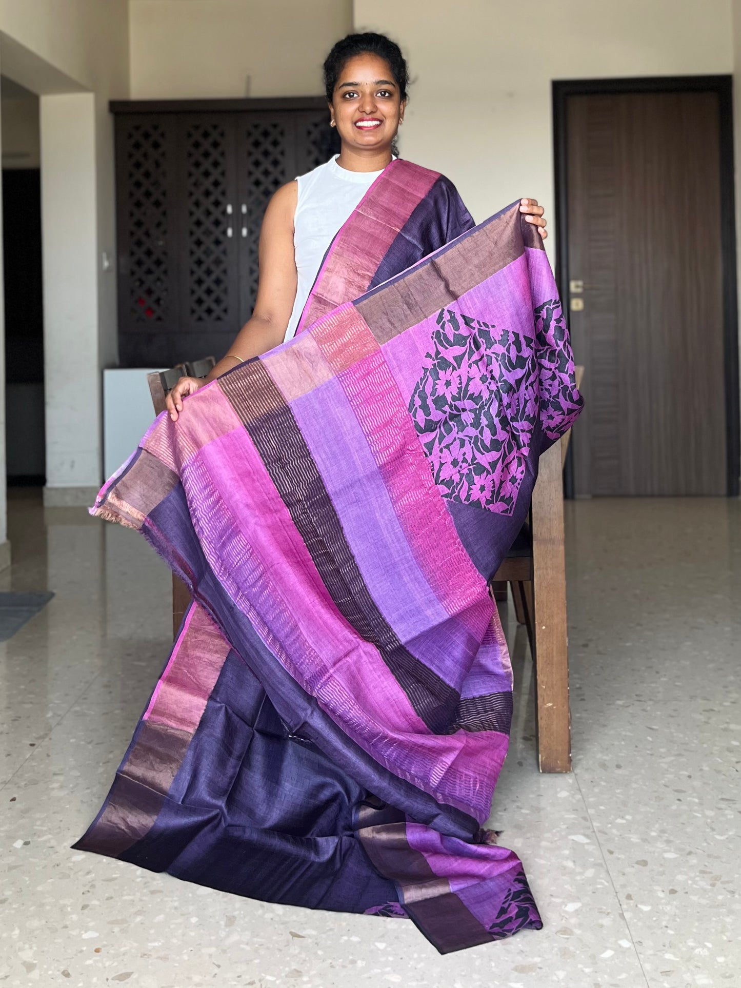 Purple Tussar Silk Saree with Prints