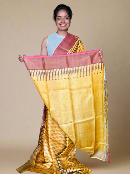 Yellow and Red Tussar Silk Saree with Prints