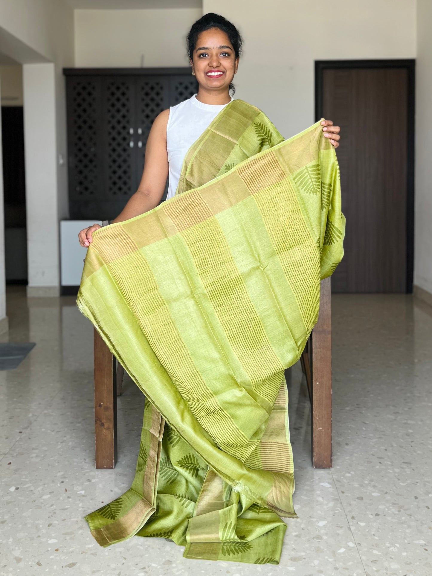 Lime Green Tussar Silk Saree with Prints