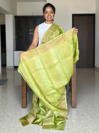 Lime Green Tussar Silk Saree with Prints