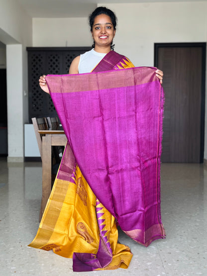 Yellow and Purple Tussar Silk Saree with Prints