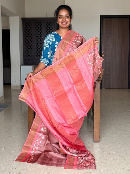 Brown and Peach Tussar Silk Saree with Prints