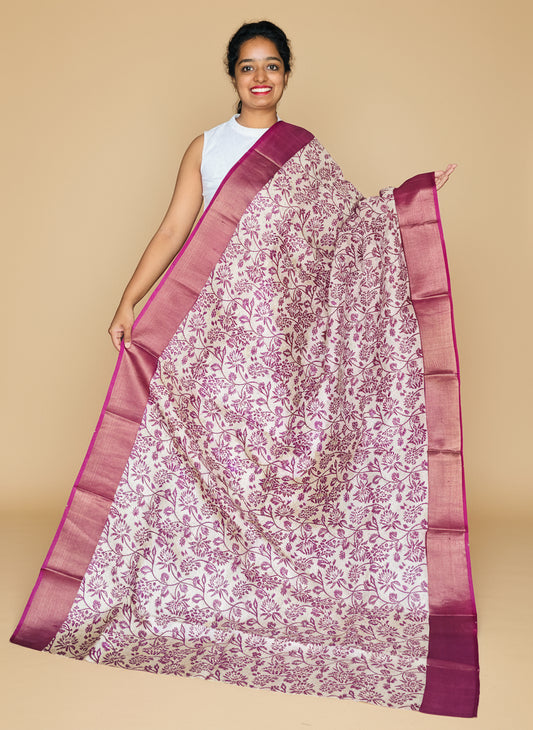 Magenta Tussar Silk Saree with Prints