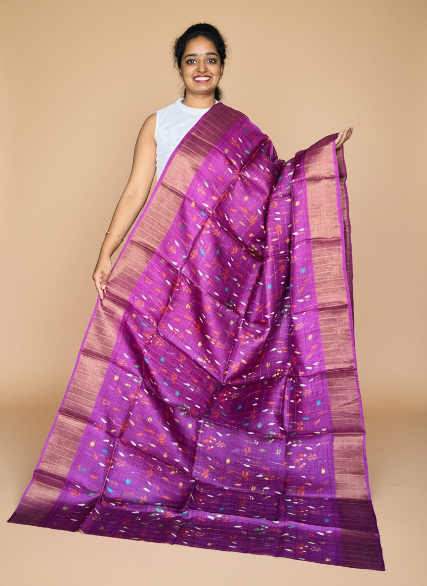 Purple Tussar Silk Saree with Prints