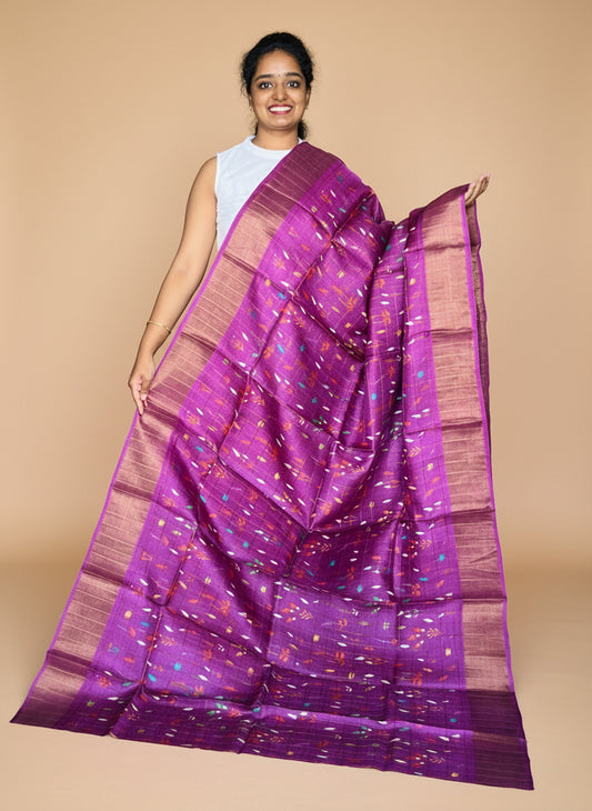 Purple Tussar Silk Saree with Prints