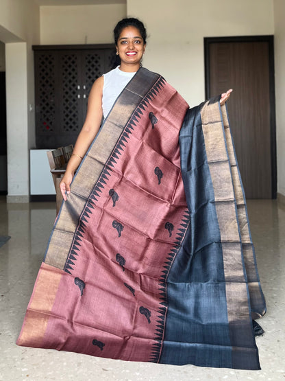 Brown and Black Tussar Silk Saree with Prints