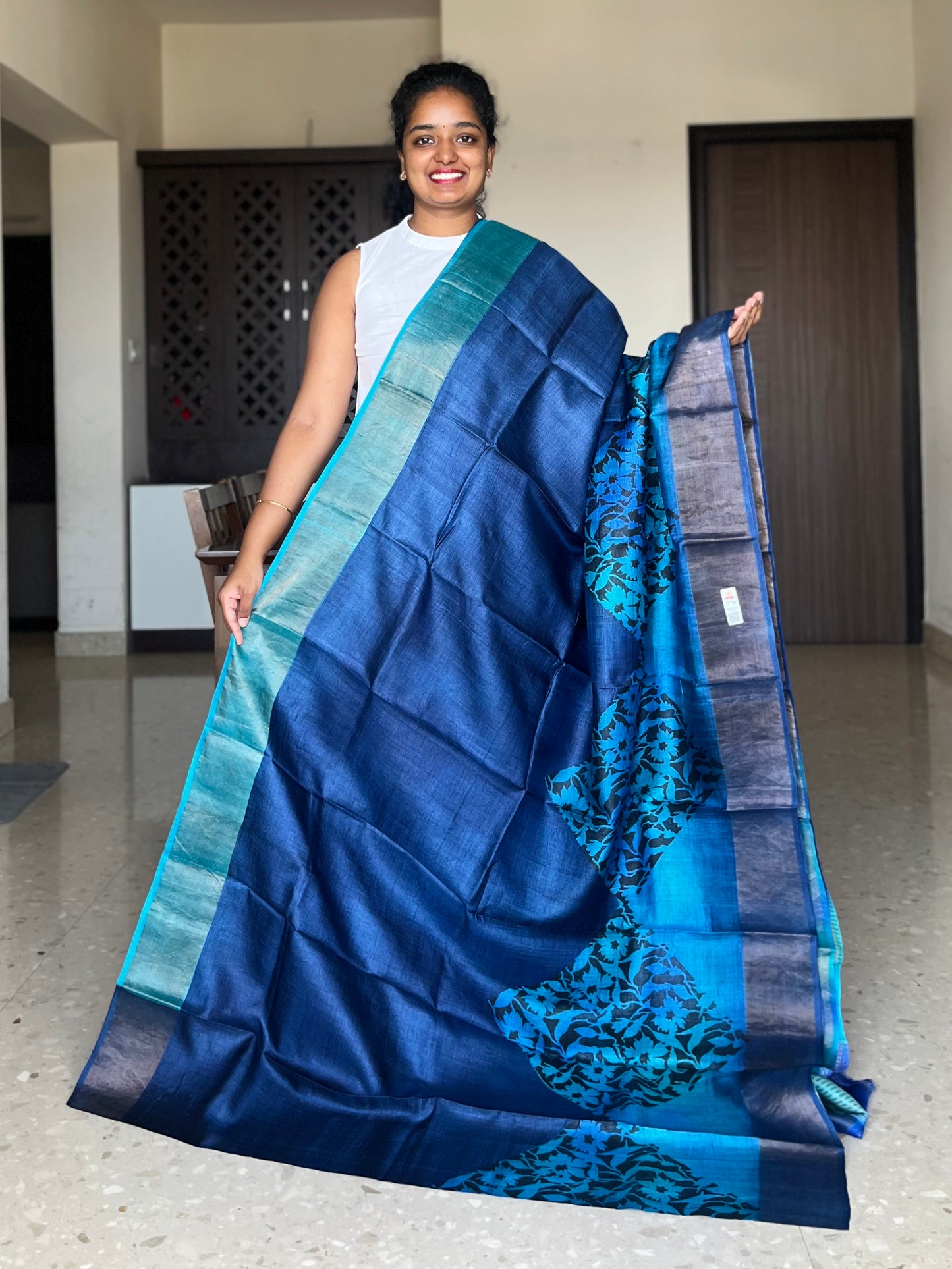 Blue Tussar Silk Saree with Prints