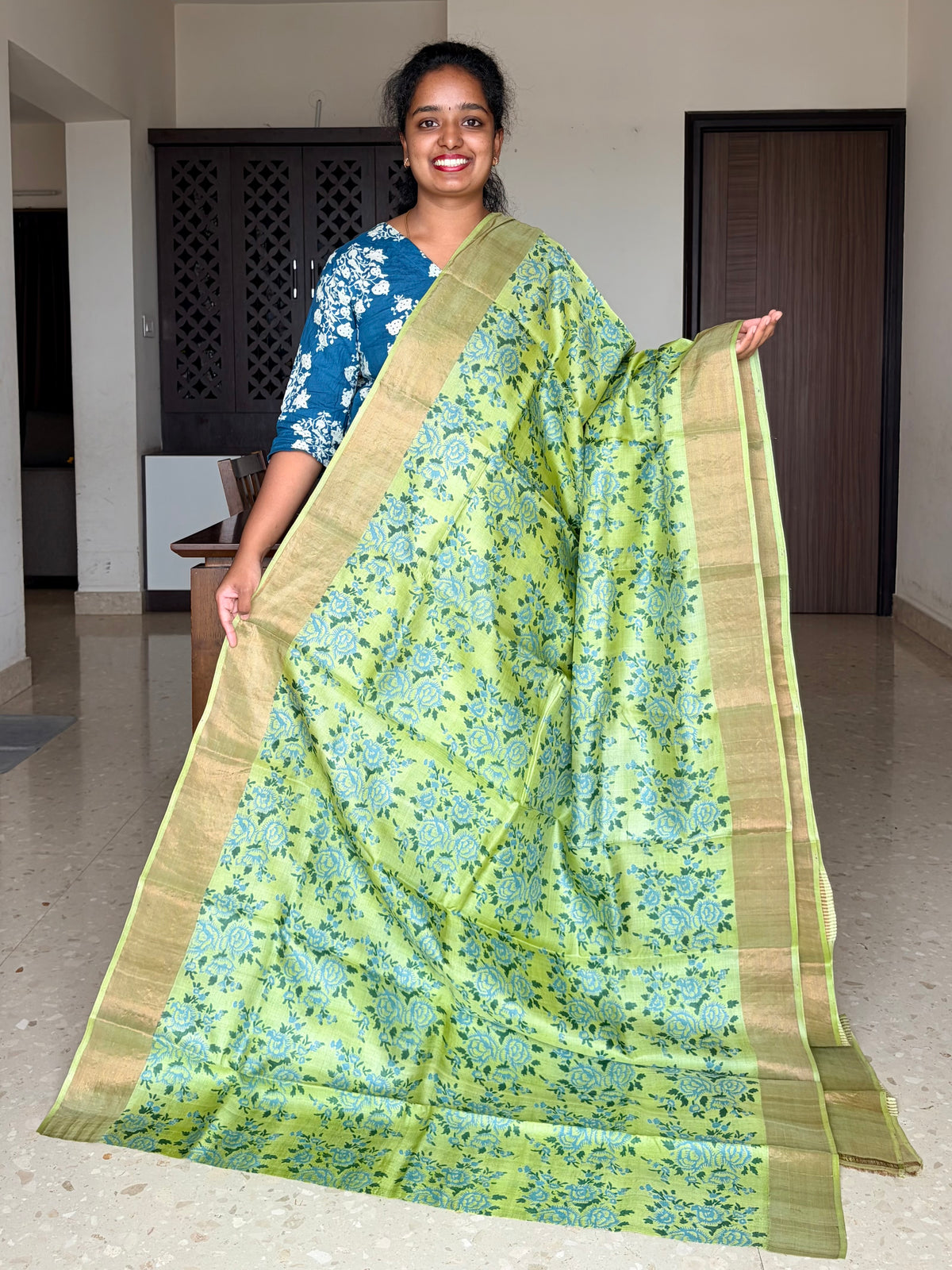 Green Tussar Silk Saree with Prints
