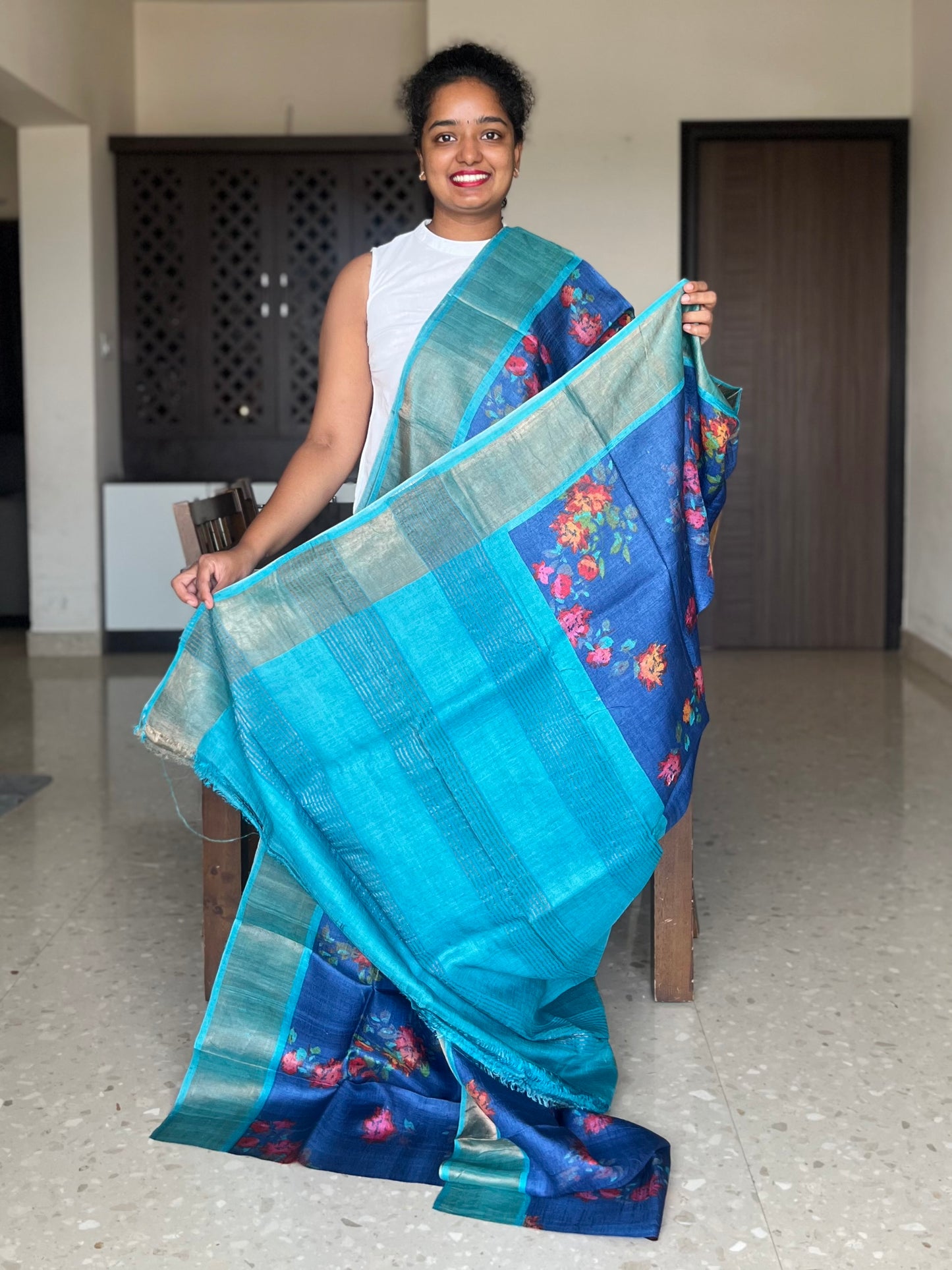 Navy Blue and Sky Blue Tussar Silk Saree with Prints