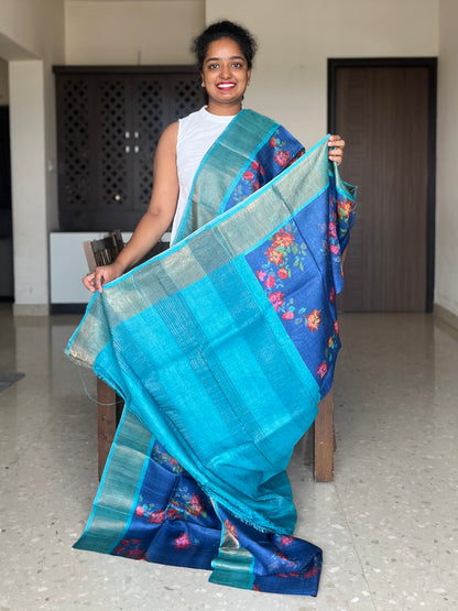 Navy Blue and Sky Blue Tussar Silk Saree with Prints