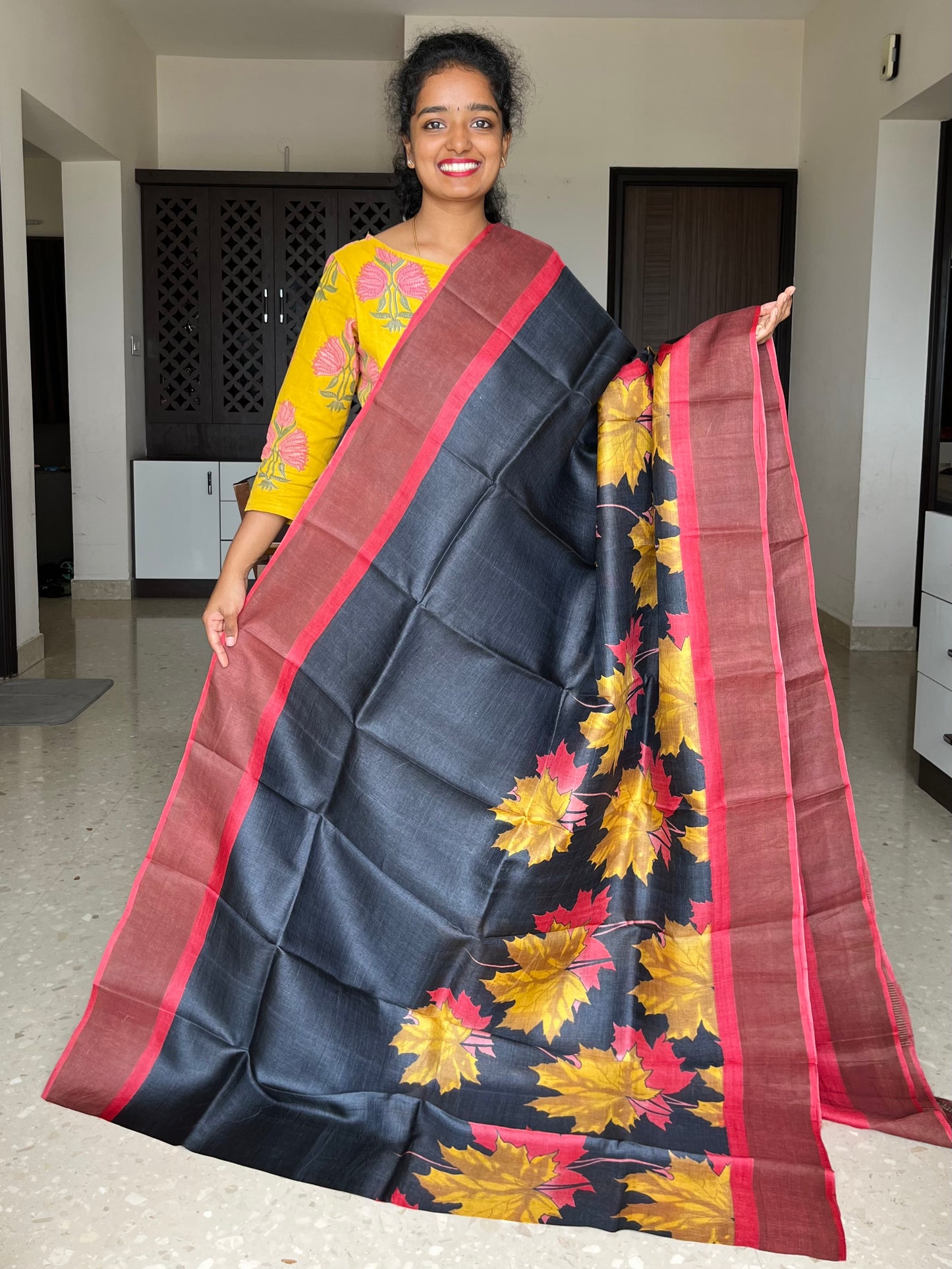 Black and Red Tussar Silk Saree with Prints