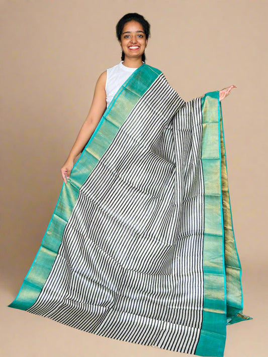 Black and Cyan Tussar Silk Saree with Print