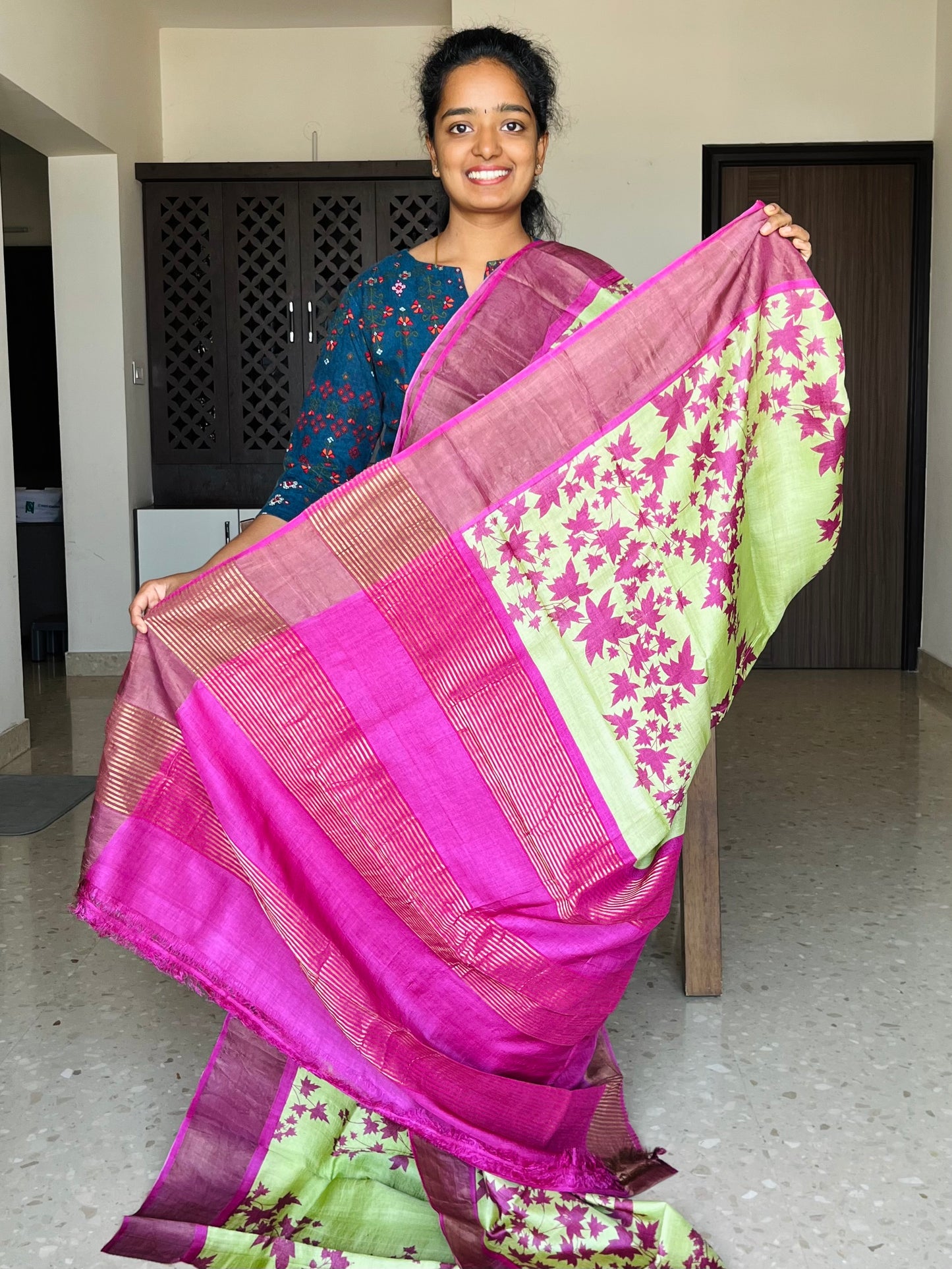 Light Green and Rani Pink Tussar Silk Saree with Prints