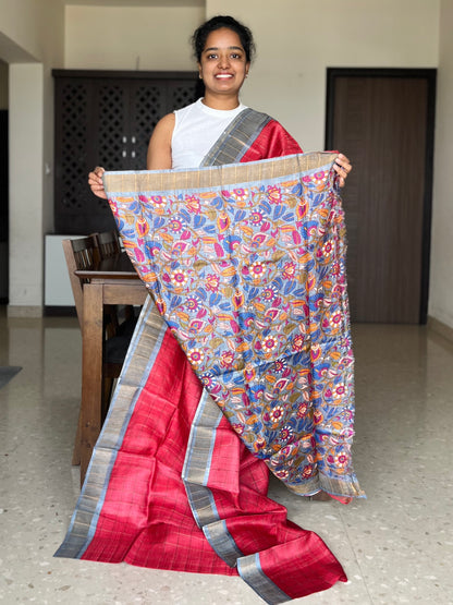 Red and Grey Tussar Silk Saree with Prints